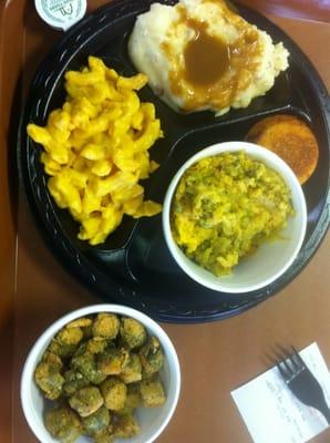 Veggie plate: broccoli casserole, fried okra, taters, mac & cheese.