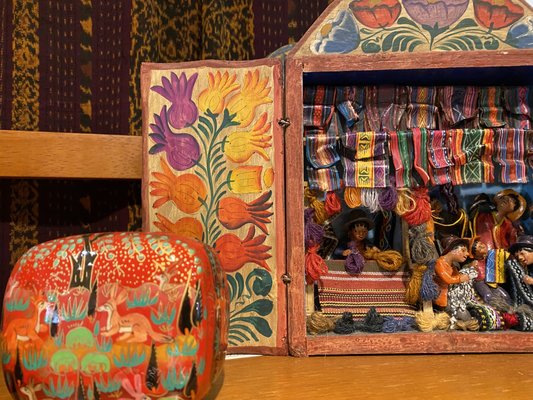 Retablo of a fabric store from Peru & hand painted papier-mâché box from Kashmir.