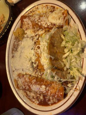 Combo plate with taco, and 2 enchiladas