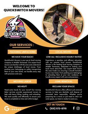 Flyer of featured services provided by QuickSwitch Movers