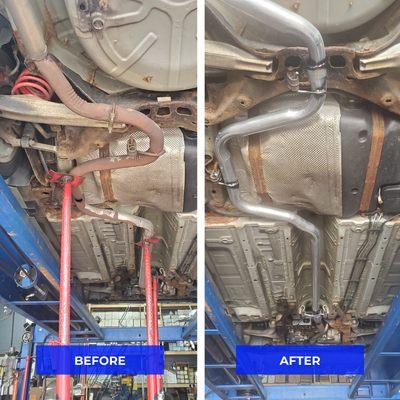 Before and after shots of a customer's exhaust pipe. No more rust and cracking. Customer and vehicle left happy!