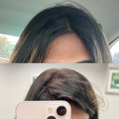 Above: my black hair I wanted gray coverage for. Below: the new color that I was maimed with a month before my wedding.