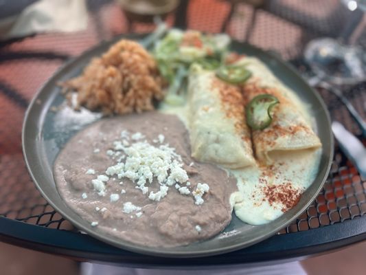 Sour cream enchiladas.  Could use some more flavor but over good.  The beans and rice were awesome.