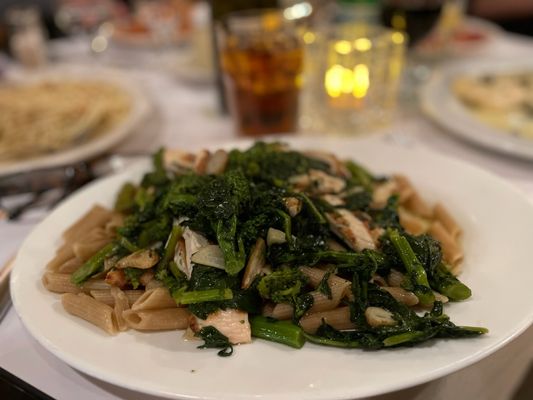 Grilled chicken with broccoli Rabe over whole wheat penne