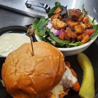 Buffalo Chicken Sandwich and salad