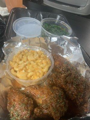 Hennessy wings Mac n cheese spinach