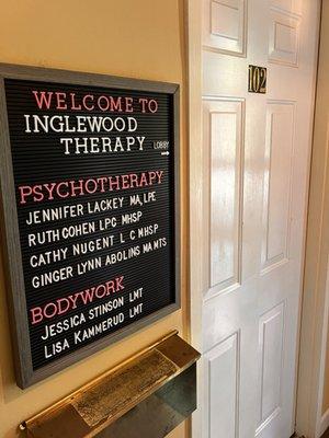 Located inside Inglewood Therapy! (Front door)