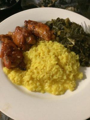 Infused Hot Honey Chicken with cheese rice and collard greens