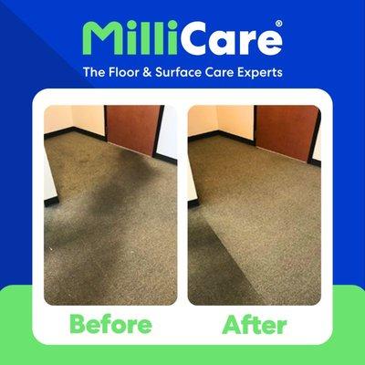 Before and after carpet cleaning removed traffic patterns at an entrance