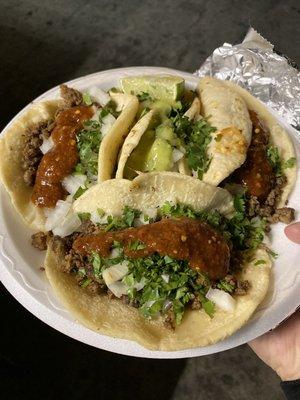 Carne Asada tacos. The red sauce is really spicy