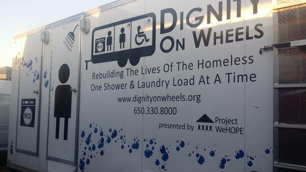 Decals by Daneen placed on the Dignity On Wheels mobile shower and laundry trailer for the homeless. We love it!