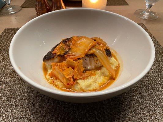 Blackened Grouper with grits and kimchi