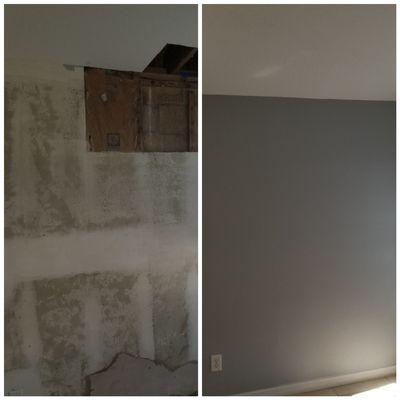 Wall and ceiling drywall repair.  Before and After