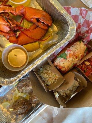 Lobster dinner, lobster roll, potato/watermelon/Cole slaw salads, stuffed quahogs