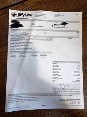 Invoice from jiffy lube