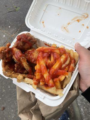 3 Pc Fried Chicken with Fries. Ketchup, Hot sauce, Salt and Pepper.