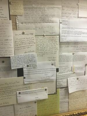 Thank you letters in the lobby