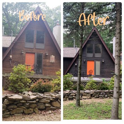 Before and After siding staining with repaint on the door.