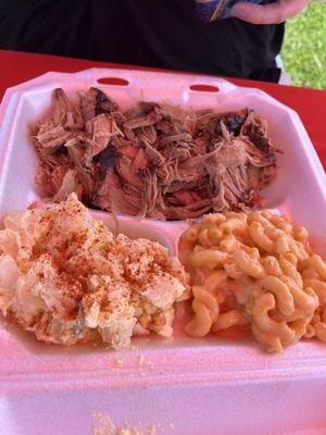 Potato salad, smoked mac, and pulled pork