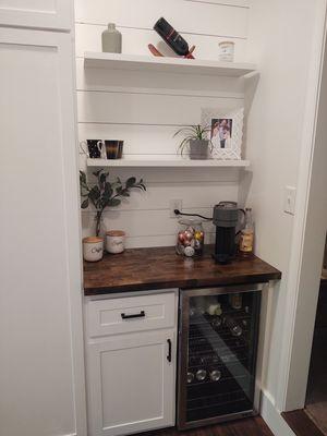 Custom built coffee bar with beverage refrigerator