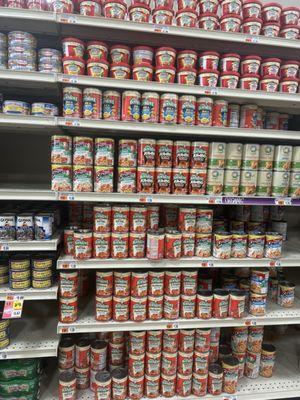 Full shelf of canned ravioli