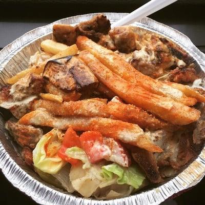 Chicken and rice platter with fries and eggplant. The best!!