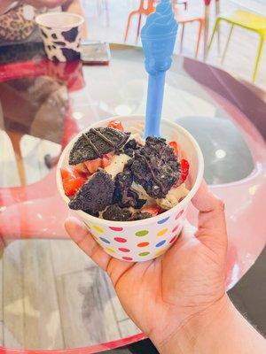 Vanilla and Strawberry frozen yogurt with Strawberries, Oreos, Cookie Dough, Condensed Milk & Chocolate Syrup