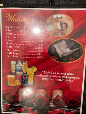 Waxing menu