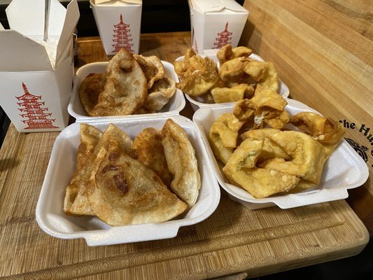 10. Crispy Pan Fried Pork Dumplings on the left, and Crab And 13. Crab Meat Rangoon on the right