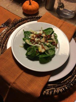 Spinach Salad with goat cheese, apple and bacon; orange vinaigrette