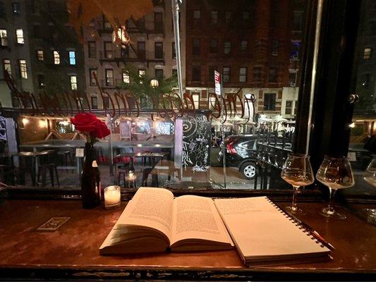 Geoff Dyer, a journal, the outdoor seating, and indifference to a man reading a book at a bar. Just like the Before Times!