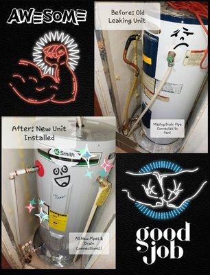 Before & After pics of my water heater installation by Logan Plumbing Services!!