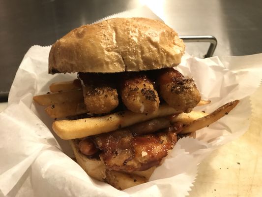 The Big Boy: chicken tenders in sriracha bbq sauce, fries, mozzarella sticks and bacon!