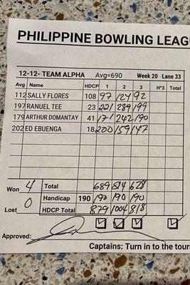 Score sheet, just drilled a new Idol Cosmos with Ben.