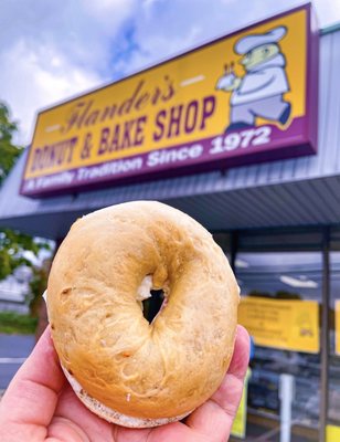 Onion bagel with plain cream cheese