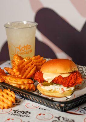 Yoyo Chicken sandwich with waffle fries and lemonade