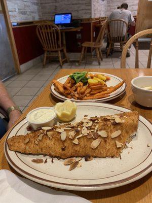 Fried Trout with steamed vegetables & Sweet Potato Fries.