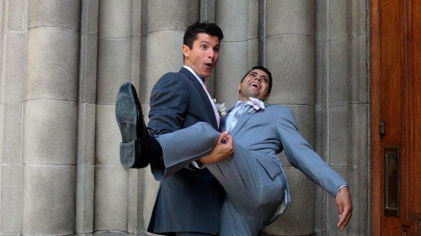 A little fun time of the groom and a groomsman.