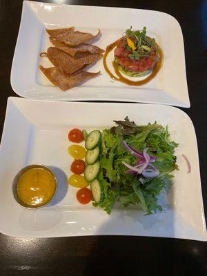 Tuna Tartar in a slightly sweet sauce  (top) - was really good. House salad with Italian dressing (bottom) - nothing special