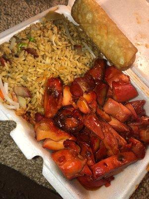 Bourbon chicken beef fried rice and egg rolls