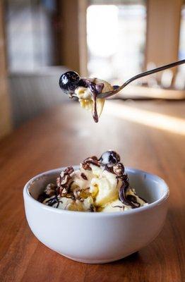 Hot Fudge Sundae, with homemade vanilla or chocolate ice cream and fudge or salted caramel sauce, toasted pecans and luxardo cherries...