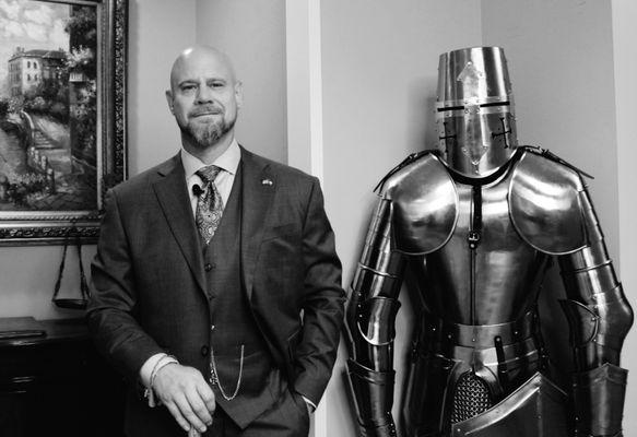 Attorney Bowen and suit of armor.