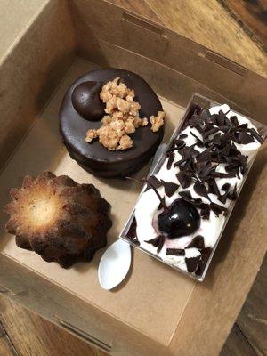 Cannele, tanihi chocolate cake, and Black Forest