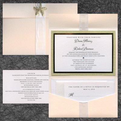 Pocket invitation, wrapped with white satin ribbon and a gold studded starfish.