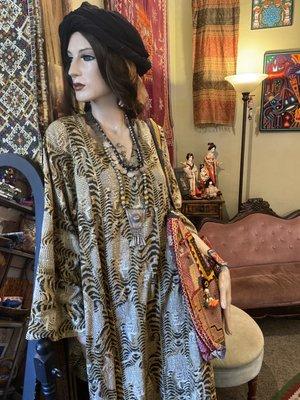 Block print kaftan and vintage textile bag