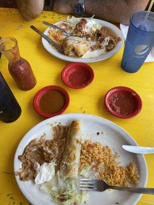 Carnitas enchiladas with rice and beans Combo Burrito with rice and beans