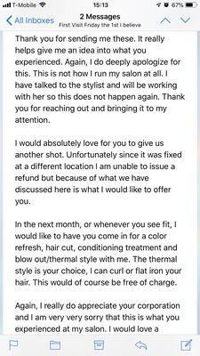 Manager's reply to my damaged hair, $185 & 6 hours I wasted at her salon.