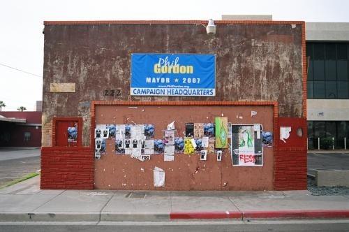 The boarded-up campaign office of Mayor Gordon.