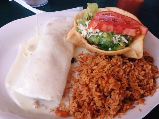 Steak burrito with Queso , rice, Taco salad.