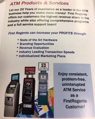 Providing ATMs, ITMs, TCRs and ATM outsourcing for over 20 Years. First Regents is the retailer's ATM provider!